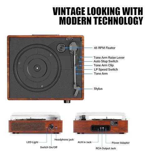 Tocadiscos Vintage 3 Velocidades Con Bluetooth Y Altavoces
