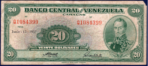 Billete De 20 Bolívares Q7 Junio 13 De 1957 Simón Bolívar