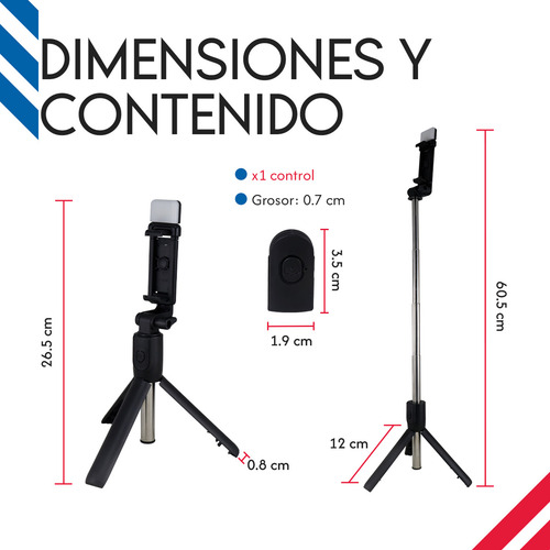 Palo Bastón Selfie Stick Con Luz Led Diler Adaptable Ajustable Flash Con 2 Intensidades Trípode Bluetooth Con Control Remoto Color Negro