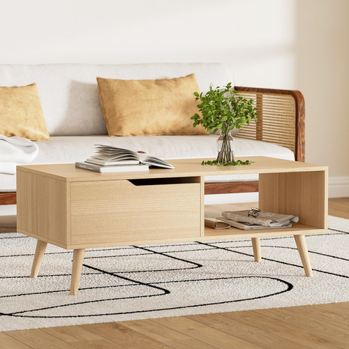 Mesa De Centro Moderna De Roble Con Cajón Y Estante De 99 Cm