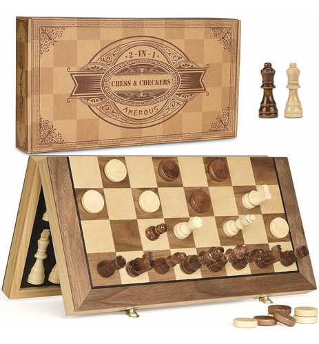 Amerous 15'' Magnetic Wooden Chess & Checkers Game Set -2 Ex