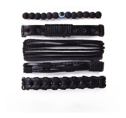 Conjunto Pulsera Brazalete Hombre Cuero 5 En 1 Ojo Envidia