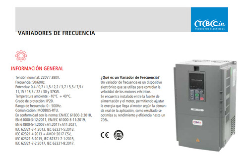 Variador Frecuencia Monofásico 220v 1.5kw 3 Kva 7a. Tbcin