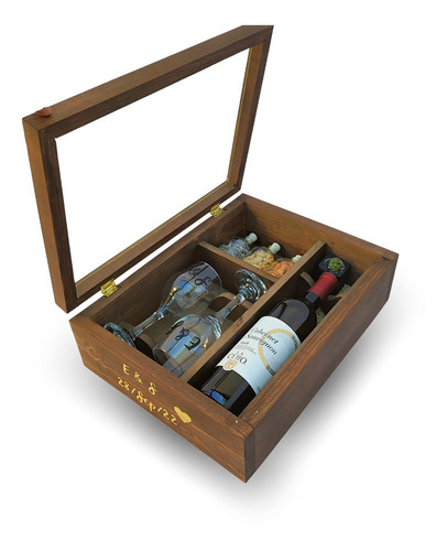 Caja De Madera Con Vino Y Copas Regalo Personalizado 