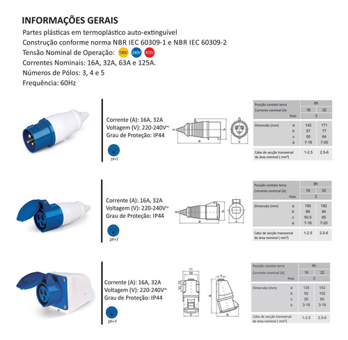 Conjunto Tomada Industrial Plug Macho 2p+t 16a Azul Azul