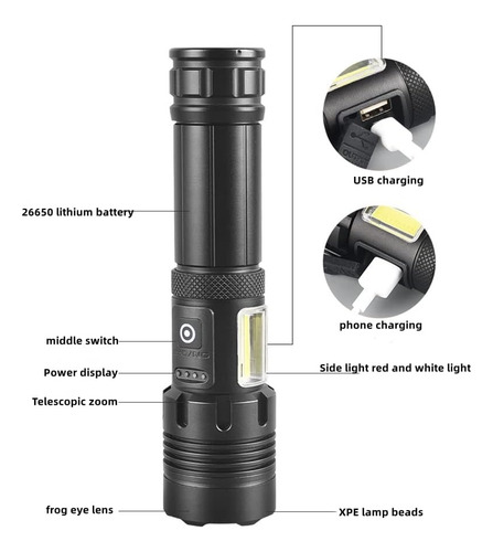 Linterna Led Zoom Tactica Recargable Potentes 1000m Cabeza