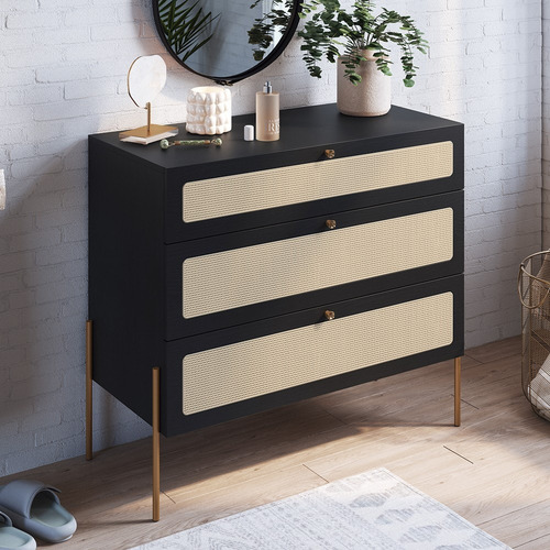 Cômoda Para Quarto 3 Gavetas Pé Metal Arlo A10 Nero/dourado