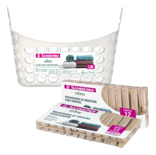 Kit Cesto Com Alça + 12 Prendedores Pregadores Roupa Sanremo