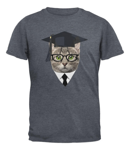 Graduación Divertido Gato Oscuro Heather Adulto Camiseta - 2