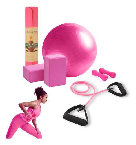 Kit Entrenamiento Yoga Mat Banda Mancuerna Bloque Fitness Rosa