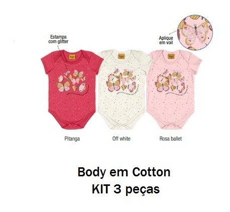 Imagem 1 de 5 de Kit Body Bebê Menina - 3 Peças (p/m/g)