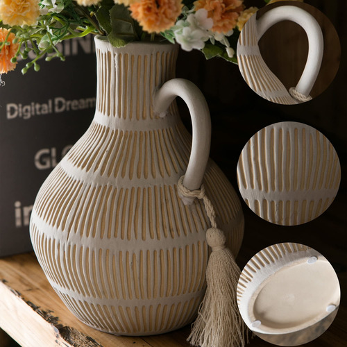 Mowtanco Jarrón De Cerámica Rústico Para Decoración Del Hogar, Jarrones Decorativos De Granja Para Zacate De Las Pampas, Jarrón De Terracota Con Diseño De Borlas, Jarrón De Flores Con Asa, Jarrón De