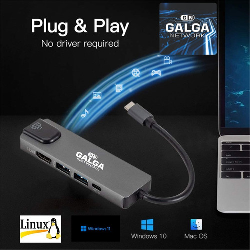 Imagen 5 de 10 de Adaptador Hub Usb C 5 En 1 Hdmi 4k/1tipoc/2usb 3.0/1rj45lan