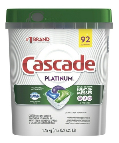 Imagen 1 de 5 de Detergente Lavavajillas Cascade Platinum 92 Capsulas 16x