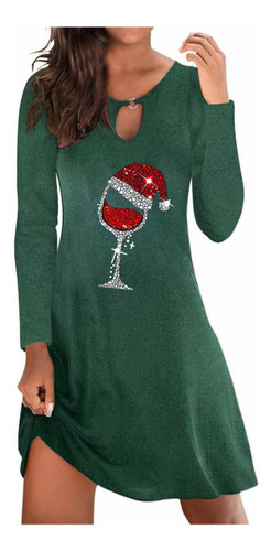 Vestido Largo Con Estampado Navideño De Copa De Vino Para Mu