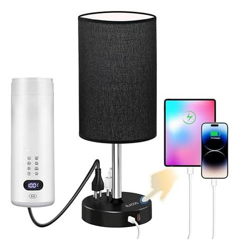 Lámpara De Mesa Negra Con Puertos De Carga Usb A C Y Salida
