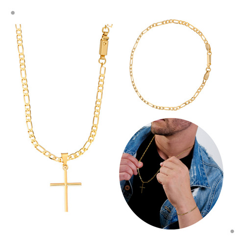Kit Corrente Colar Masculino Com 70 Cm + Pulseira Modelo 3x1 E Pingente De Crucifixo Liso Cor Dourado Banhando A Ouro 18k E Antialérgico Semi Joia Andreia Branco Acessórios