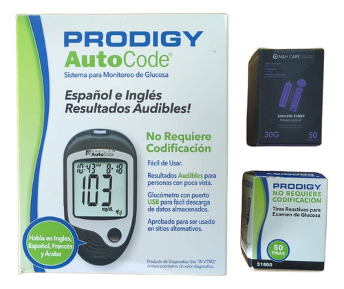 Glucómetro Prodigy Autocode Con Audio +50 Tiras Reactivas