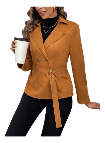 Chaqueta Blazer Gamuza Con Cinturón Cruzado Cuello Solapa