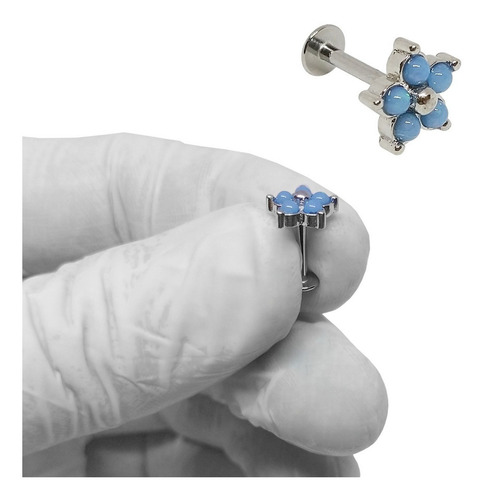 Piercing Labret Flor Con Opalo Celeste Acero Quirurgico Color Plateado