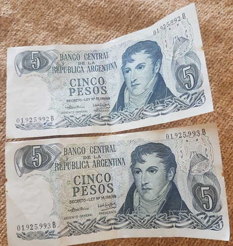 2 Billetes 5 Pesos Ley 18188 Serie B
