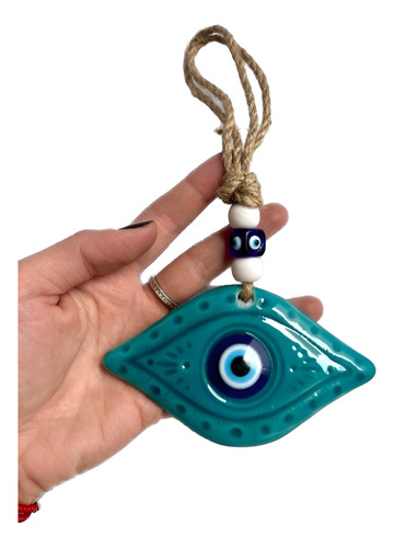 Colgante Yute Ceramica Azul Con Ojo Turco Vs Modelos 20cm Varios