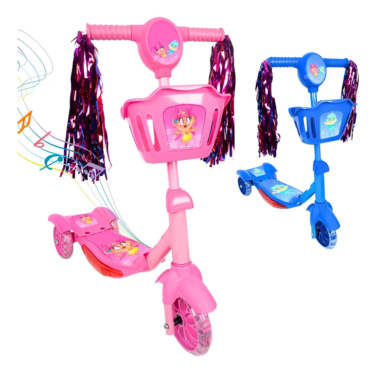 Patinete Infantil 3 Rodas Com Led Som E Cesta Menino Menina Cor Rosa