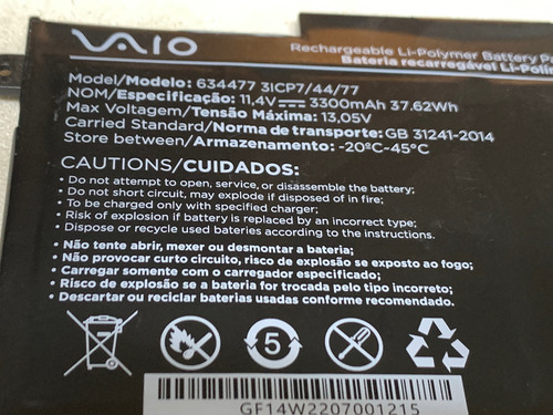 Bateria 634477 3icp7/44/77 Notebook Vaio Fe14 Original Preto