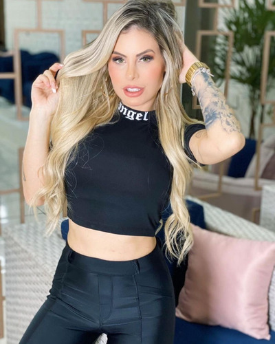 Blusa Cropped Feminino Gola Alta Angel Manga Curta Moda