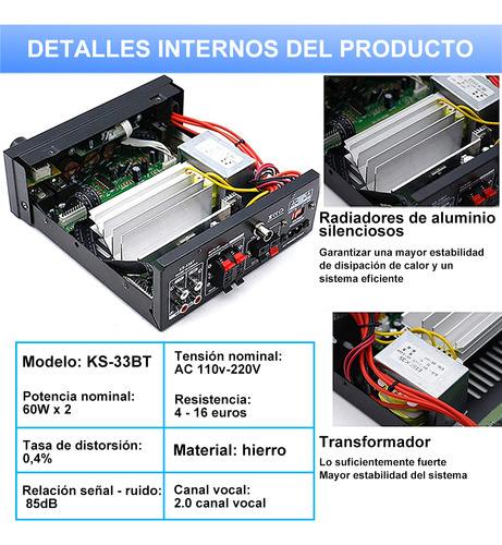 Amplificador Bluetooth Para Bocinas Audio 2 Canales Para Automóvil Y Hogar Alta Potencia Entrada Multimodo Calidad De Sonido Hifi Alta Fidelidad Con 2 Tomas De Micrófono Con Función Eco