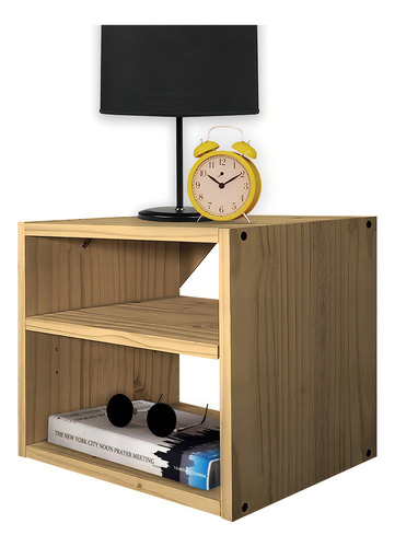 Mesa De Luz Cubo Flotante Dos Estantes Moderno Madera Sajo Color Roble