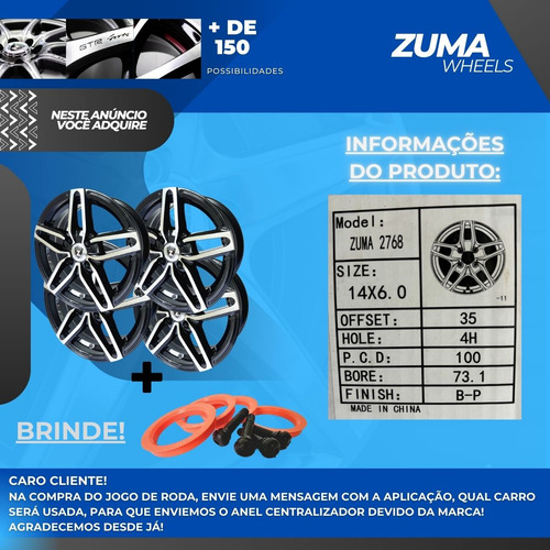 Jogo De Roda De Liga Leve Zuma Wheels Aro 14 2768 Bp 4x100 Cor Preto Com Diamantado