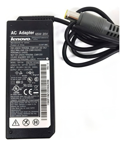 Cargador de Portatil Lenovo Thinkpad 65w 20v 3.25a Color Negro
