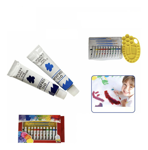 Pack Caja Pinturas De Oleo12 Colores 4 Pinceles + Paleta