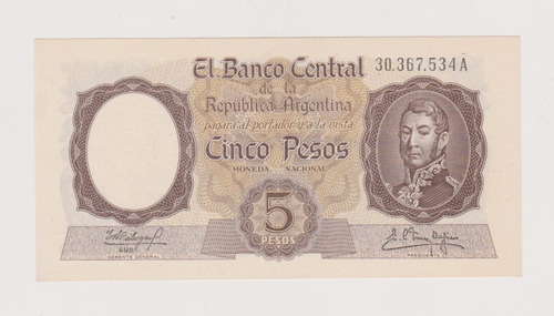 Billete Argentina 5 $ Bottero 1923 Año 1960 Excelente