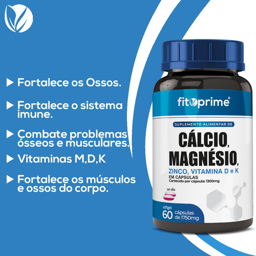 Imagem 2 de 4 de Cálcio Magnésio E Zinco + Vitaminas D3 E K2 60cps Fitoprime