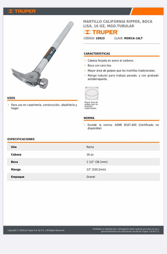 Martillo Tubular Tipo California Uña Recta Premium Truper