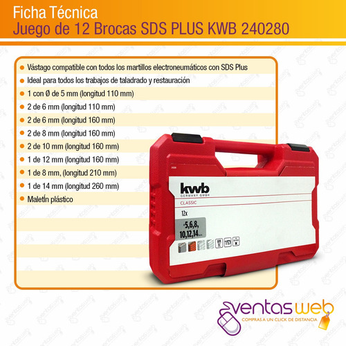 Imagen 7 de 8 de Juego 12 Mechas Widia Juego Set Brocas Kwb Sds Plus Maletin