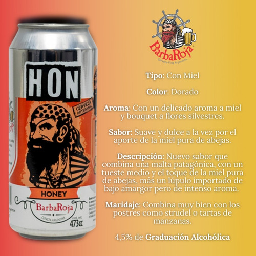 Imagen 2 de 10 de Cerveza Artesanal Barba Roja Honey Lata 473ml.