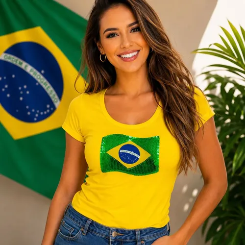 Camiseta Baby Look Brasil Copa Feminina Bordada Paetê