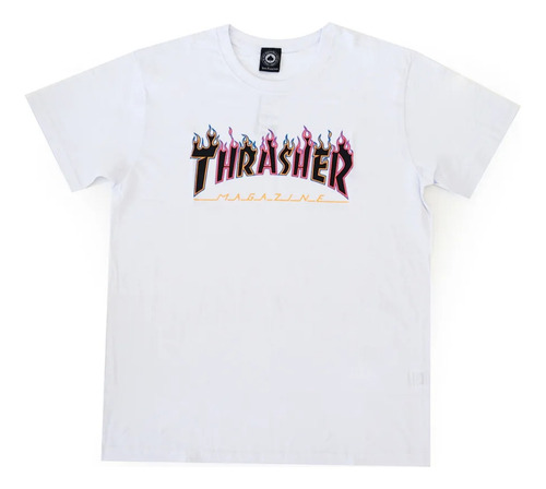 Camiseta Thrasher Double Flame Logo Neon Branca