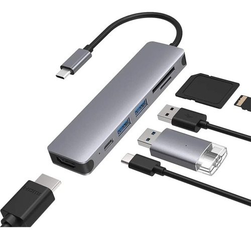 Hub Usb 6 En 1 Usb-c 3.0 Hdmi Sd Mac/laptop+ Cargador Usb-c