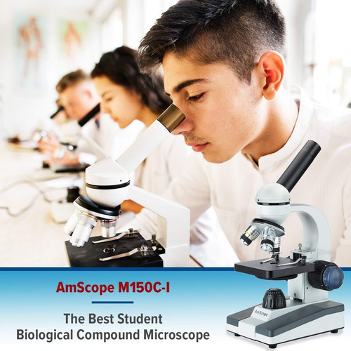 Amscope M150c-e-a 40x-1000x Led Microscopio Compuesto Para Estudiante Con Lente Óptico Con Vidrio Completo Con Marco De Metan Inalámbrico Con Enfoque Grueso Y Fino + Cámara Digital Usb