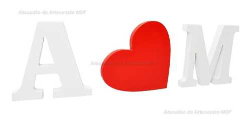 2 Letras Pintado E 1 Coração Vermelho 12cm Mdf 15mm Madeira