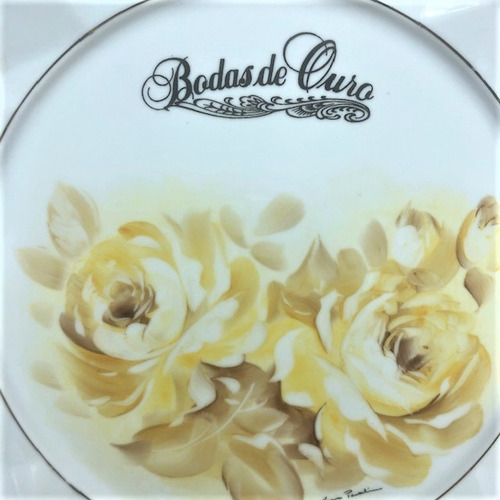 Imagem 4 de 6 de Prato Relevo Pintado A Mão Bodas De Ouro 50 Anos 32,5cm