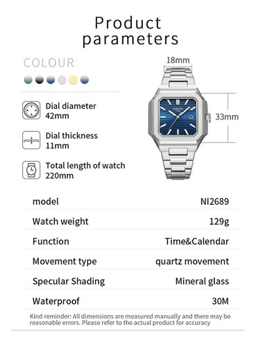 Reloj de cuarzo clásico cuadrado Nibosi 2689 para hombre