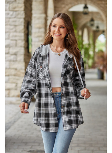 Camisa Casual A Cuadros Con Capucha Para Mujer