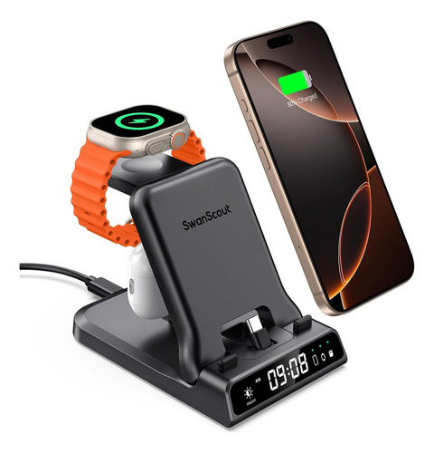 Swanscout Rapid Charge Station for iPhone 16/15, Charger 3 in 1 of 25 W for Apple Watch Series Ultra/10/9/8/7/6/5/4, for AirPods Pro/4 (USB-C port)