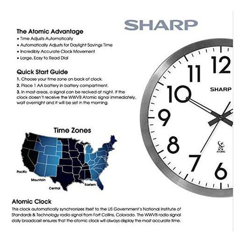 Reloj De Pared Sharp Analógico Atómico 12 Pulgadas Plateado Color De La Estructura Color Del Fondo