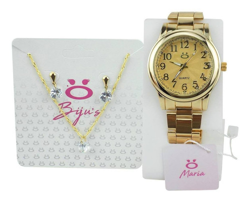 Kit Relógio+ Colar/brinco Feminino Dourado Original Strass